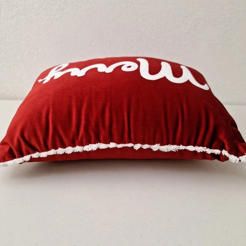 Red Velvet Merry Christmas Pillow Stitched Script Fringe 18 X 14